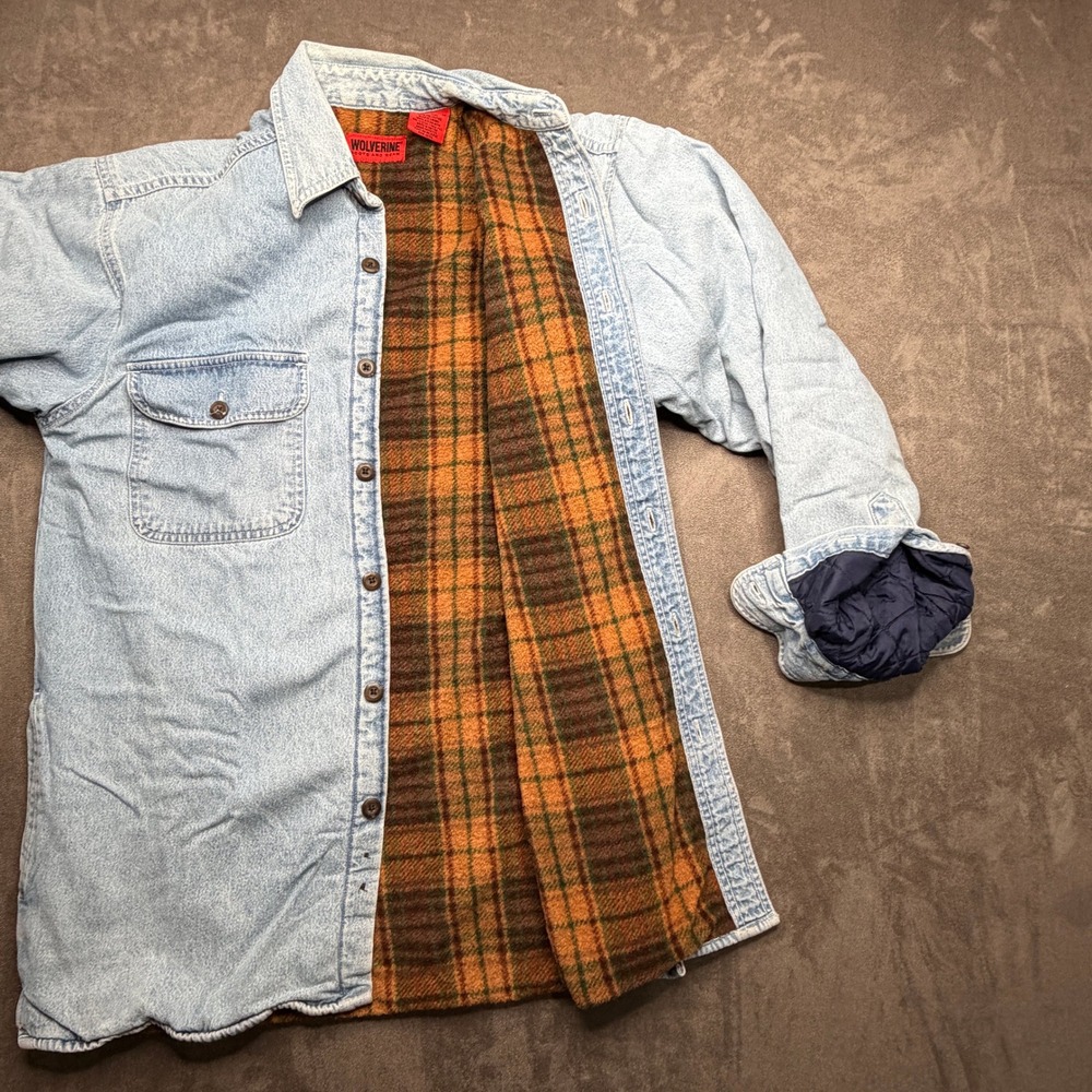 Wolverine Shirt Jacket Sz S Mens Light Wash Denim Plaid Fleece Lined Shacket - Picture 6 of 10